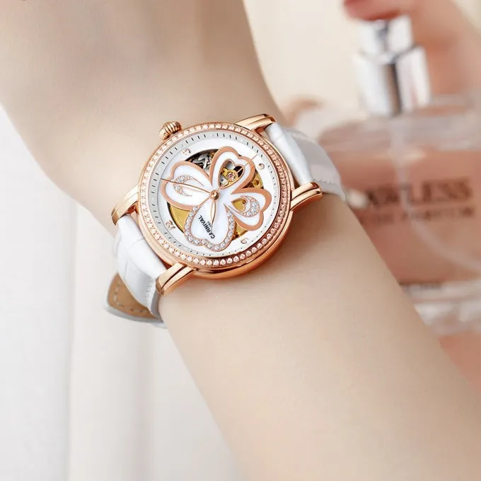 Women's Automatic Mechanical Skeleton Leather Water Resistant Wrist Watch