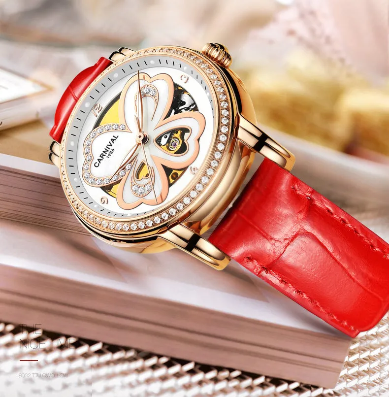 Women's Automatic Mechanical Skeleton Leather Water Resistant Wrist Watch