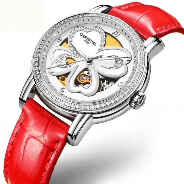 Women's Automatic Mechanical Skeleton Leather Water Resistant Wrist Watch