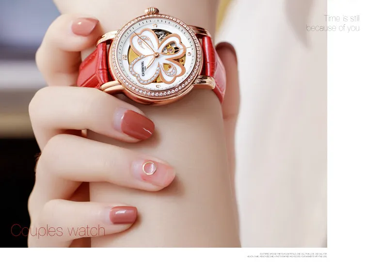 Women's Automatic Mechanical Skeleton Leather Water Resistant Wrist Watch