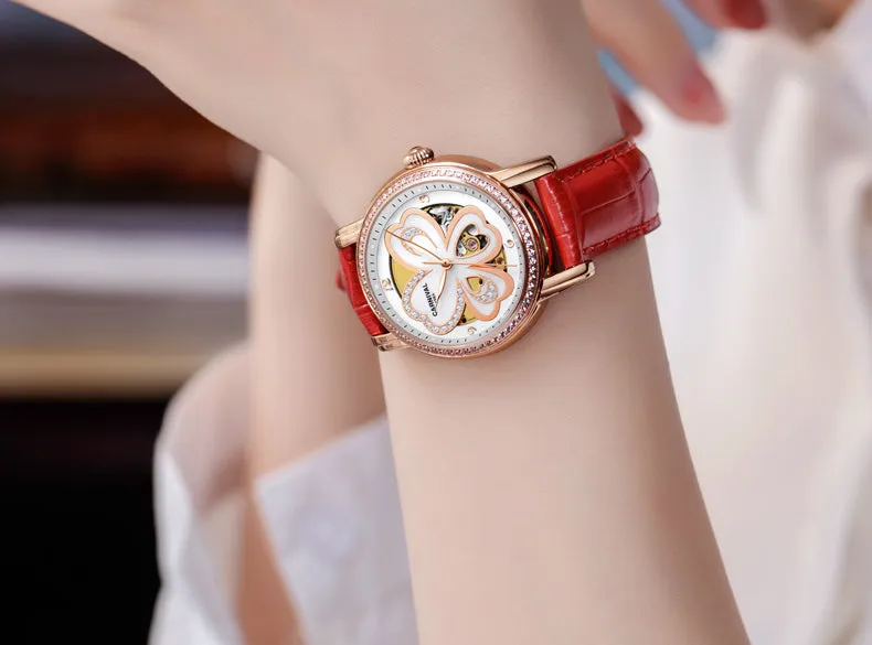 Women's Automatic Mechanical Skeleton Leather Water Resistant Wrist Watch
