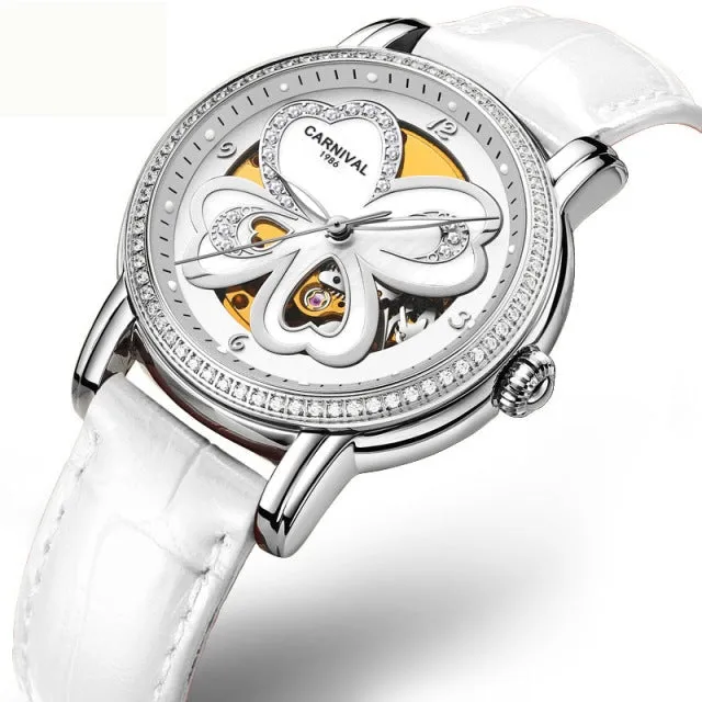 Women's Automatic Mechanical Skeleton Leather Water Resistant Wrist Watch