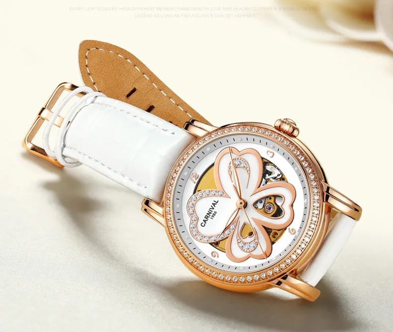 Women's Automatic Mechanical Skeleton Leather Water Resistant Wrist Watch
