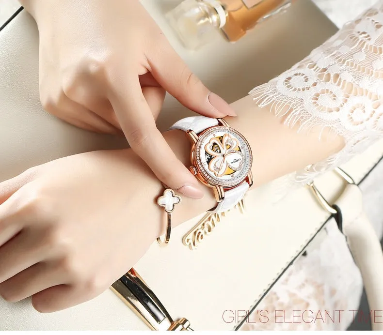 Women's Automatic Mechanical Skeleton Leather Water Resistant Wrist Watch