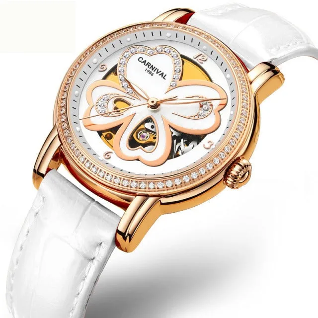 Women's Automatic Mechanical Skeleton Leather Water Resistant Wrist Watch