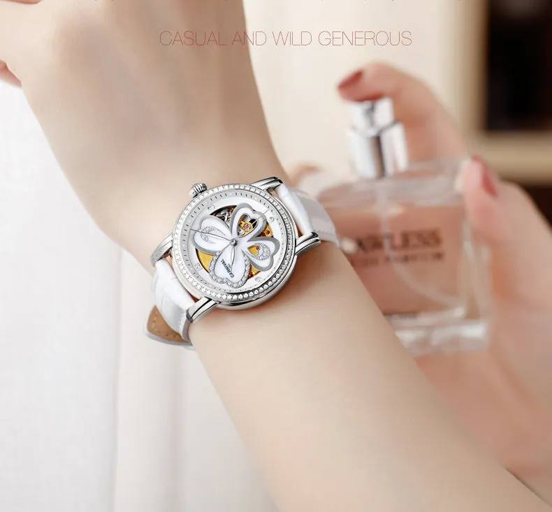 Women's Automatic Mechanical Skeleton Leather Water Resistant Wrist Watch