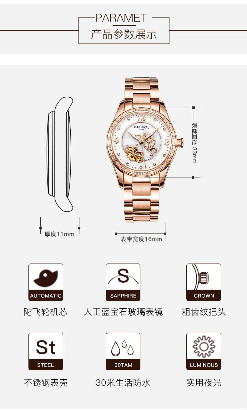 Women's Casual Luminous Automatic Skeleton Mechanical Wrist Watch
