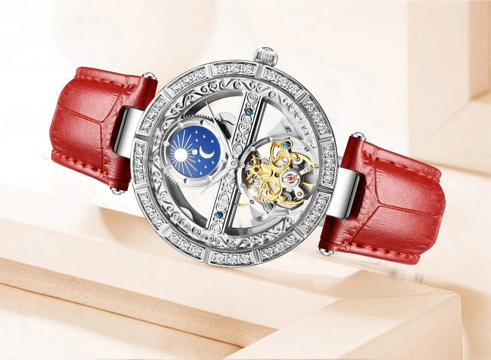 Women's Genuine Leather Hollowed Out Skeleton Luminous Wristwatch