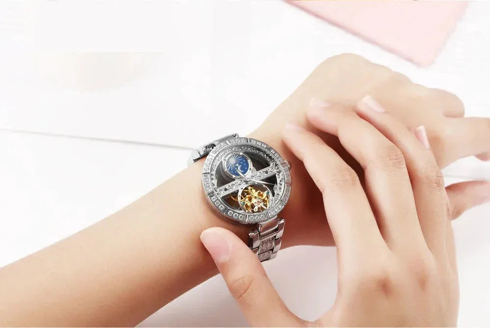Women's Genuine Leather Hollowed Out Skeleton Luminous Wristwatch