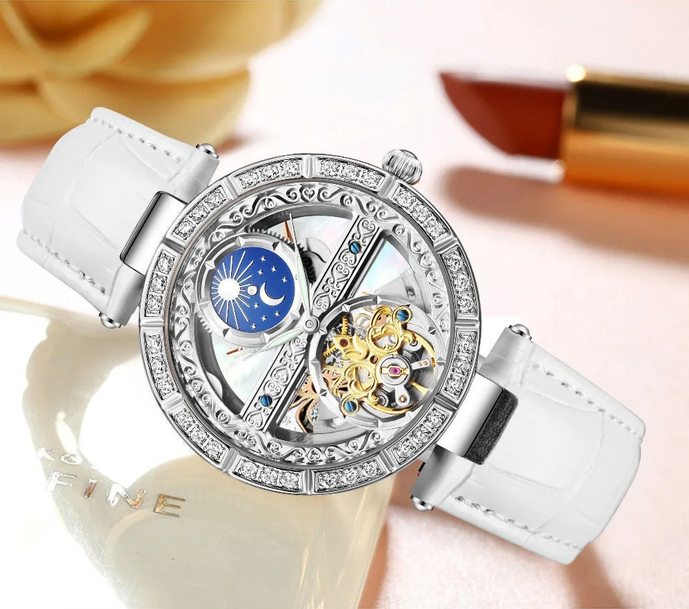 Women's Genuine Leather Hollowed Out Skeleton Luminous Wristwatch
