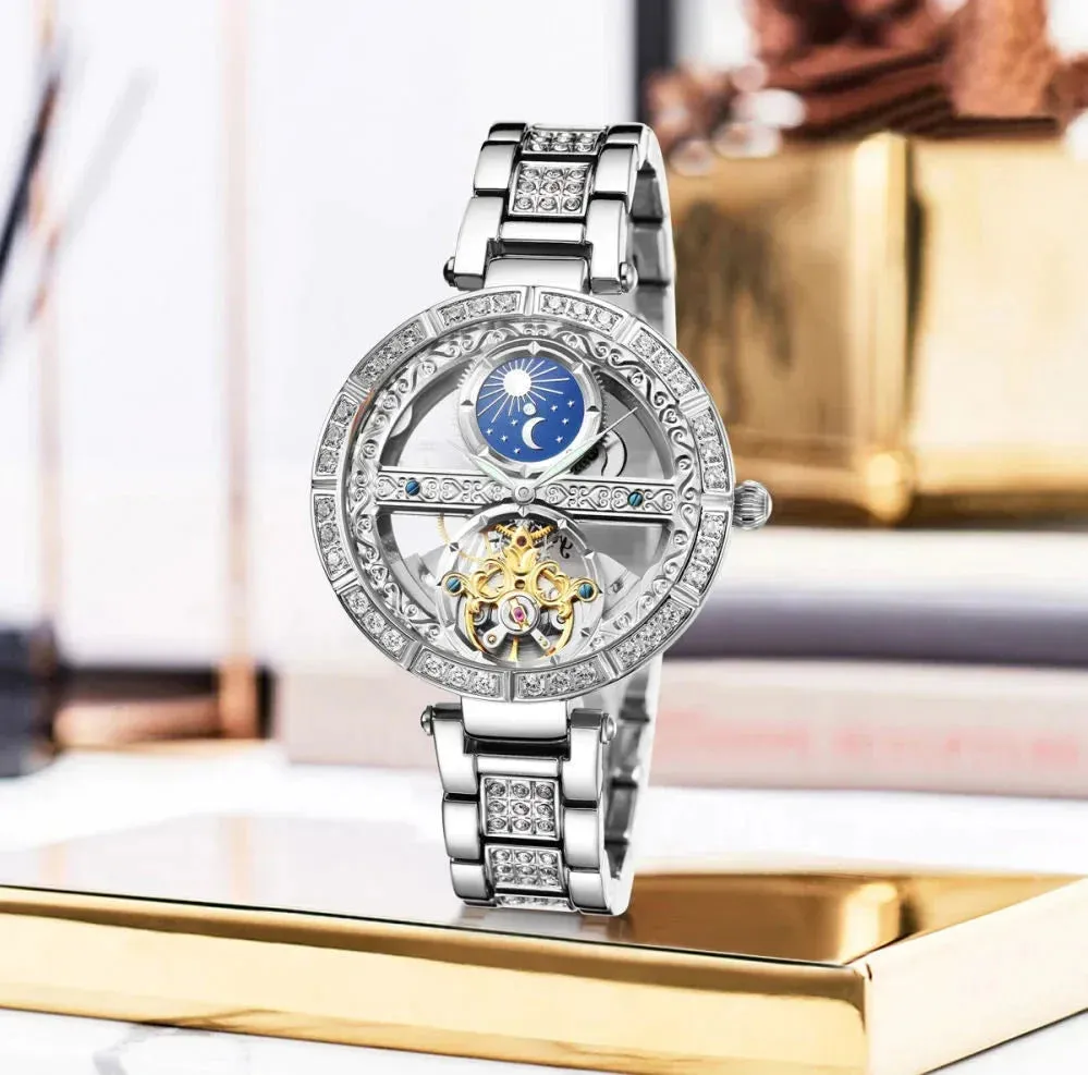 Women's Genuine Leather Hollowed Out Skeleton Luminous Wristwatch