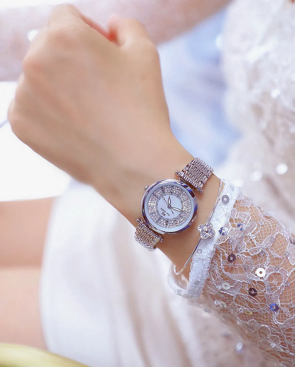 Women's Rhinestone Round Shape Stainless Steel Shock Resistant Watch