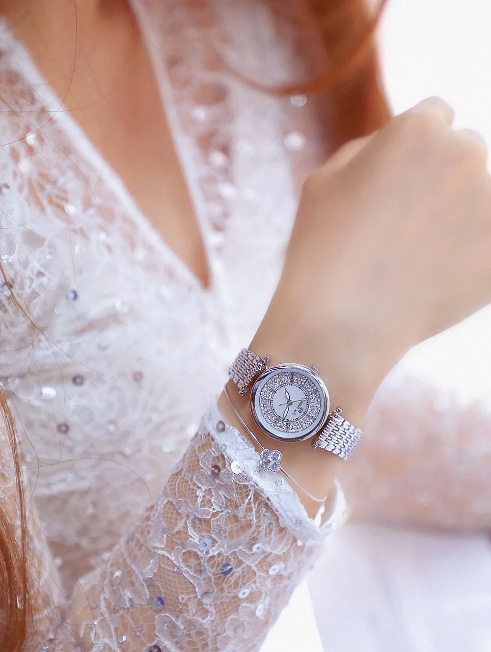 Women's Rhinestone Round Shape Stainless Steel Shock Resistant Watch