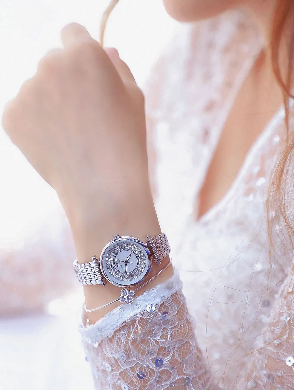 Women's Rhinestone Round Shape Stainless Steel Shock Resistant Watch